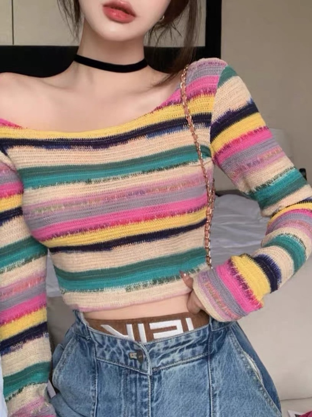 SHEIN Multicolor Striped Cropped Crewneck Sweater